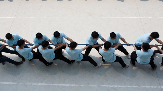 Group of young men pulling on a rope in a tug of war competition outdoors
