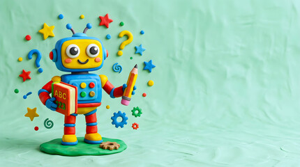 Fototapeta premium Colorful clay robot holding a book and a pencil surrounded by educational elements and question marks.
