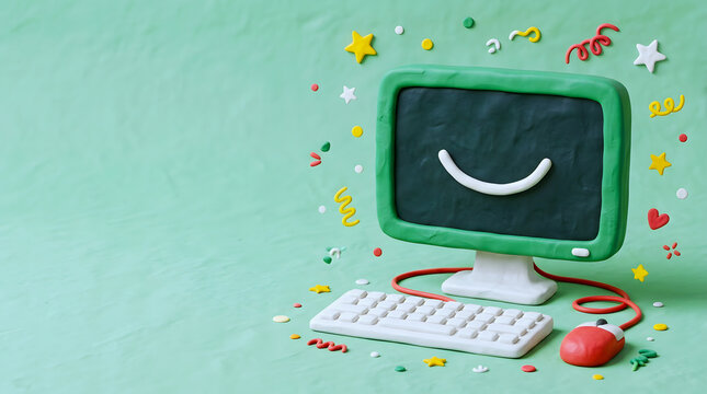 Claymation green computer monitor with smiling screen keyboard mouse and party confetti on green background.