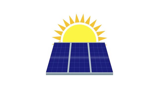 Yellow sun rising and setting behind blue solar panel illustration on a white background.