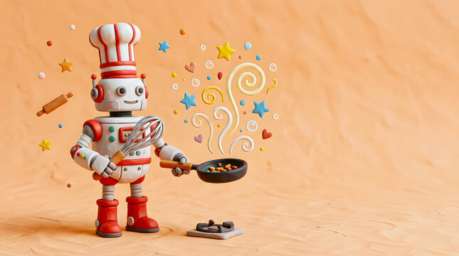 White and red clay robot chef with cooking pan and chef hat in a kitchen scene full of baking elements.