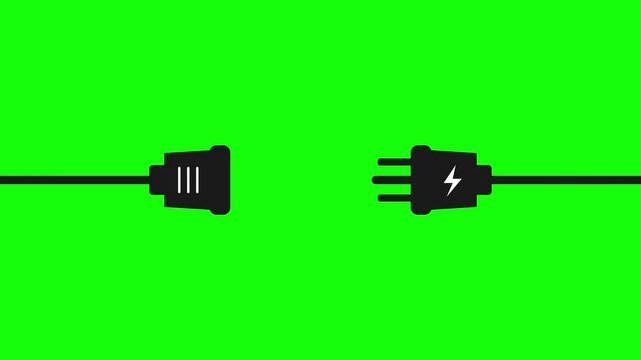 Black power plug and socket graphics connect and disconnect on a green screen background.