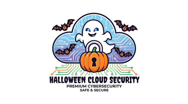 Cute Halloween ghost and pumpkin lock cyber security vector graphic illustration with digital circuit design