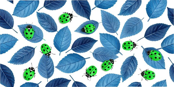 seamless pattern with leaves & ladybugs