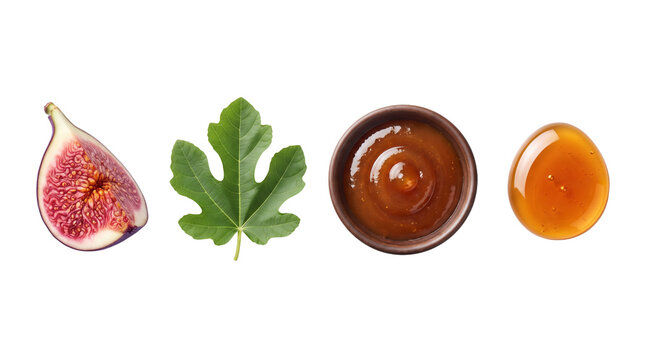 Fresh fig half with green leaf and small wooden bowl of jam on white background fruit jam fruit preserves food spread white background