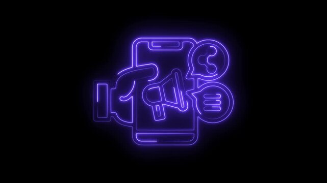 Neon digital marketing concept on smartphone with megaphone and chat bubbles animation