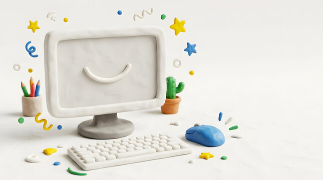 Clay crafted computer monitor with white frame and happy smile face icon near cactus and school supplies for learning.