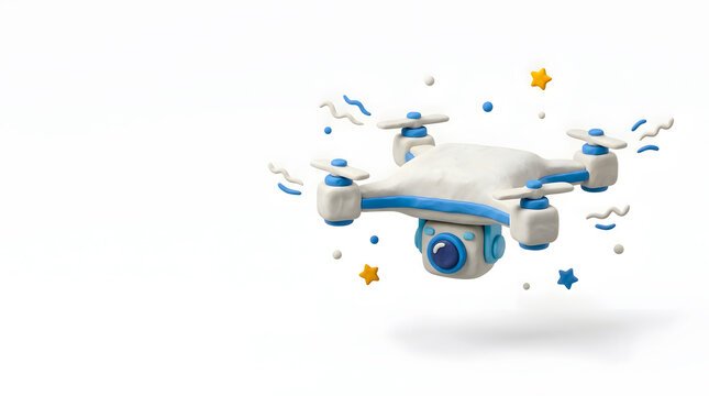 Clay style quadcopter drone with camera and colorful party decorations on white background for aerial photography tech.