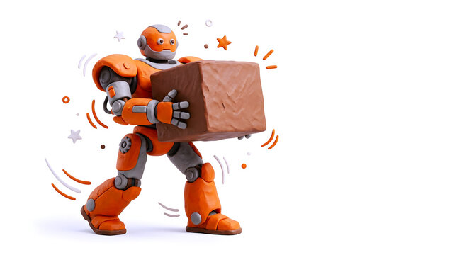 Strong orange robot carrying heavy brown clay block demonstrating industrial power and construction mobility.