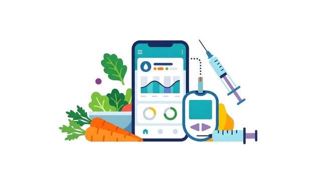 Healthcare app with vegetables syringe and glucometer.
