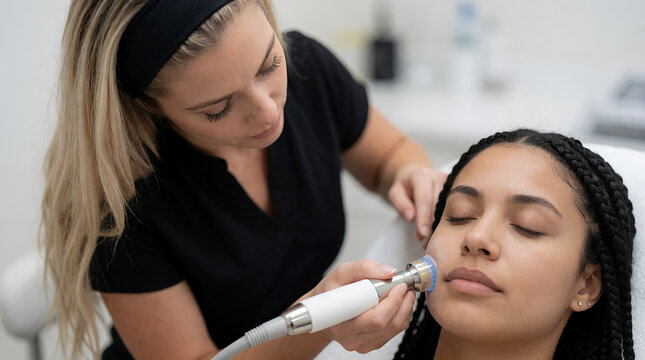 Beauty therapist performing facial treatment on relaxed client in clinic