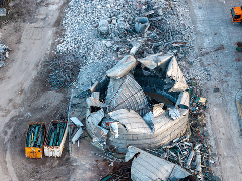 Aerial view of the demolished structures and scrap metal debris at the Heizkraftwerk Klingenberg combined heat and power plant in Berlin, Berlin, Germany.