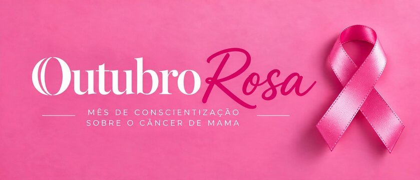 Banner da campanha Outubro Rosa. La&ccedil;o rosa e texto em portugu&ecirc;s "M&ecirc;s de conscientiza&ccedil;&atilde;o sobre o c&acirc;ncer de mama" em fundo cor-de-rosa. Layout horizontal para a&ccedil;&otilde;es de sa&uacute;de da mulher, preven&ccedil;&atilde;o e apoio