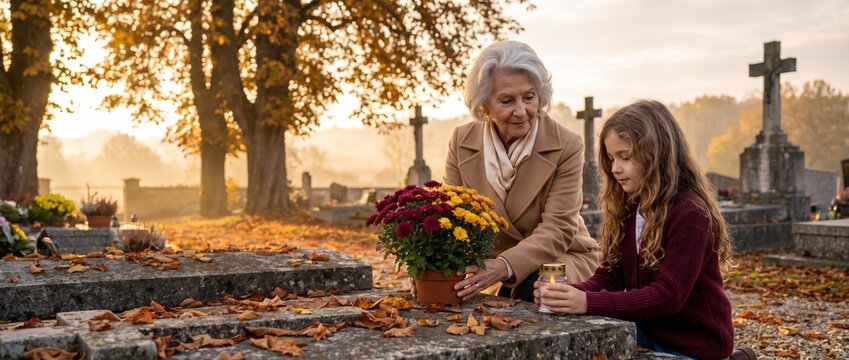 Tradition de la Toussaint. Une grand-m&egrave;re et sa petite-fille se recueillent sur une tombe au cimeti&egrave;re en automne, d&eacute;posant des chrysanth&egrave;mes et allumant une bougie fun&eacute;raire. Transmission de la m&eacute;mo