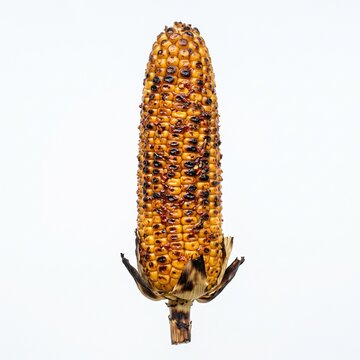 A single ear of grilled corn on the cob with visible char marks, presented against a clean white background.