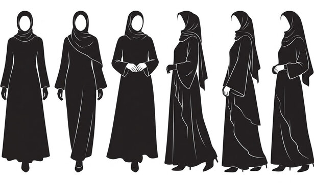 Modest Woman Abaya and Hijab Silhouette Collection, Black Fashion Vector