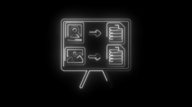 Neon outline icon presentation board showing user profile and image transforming into document
