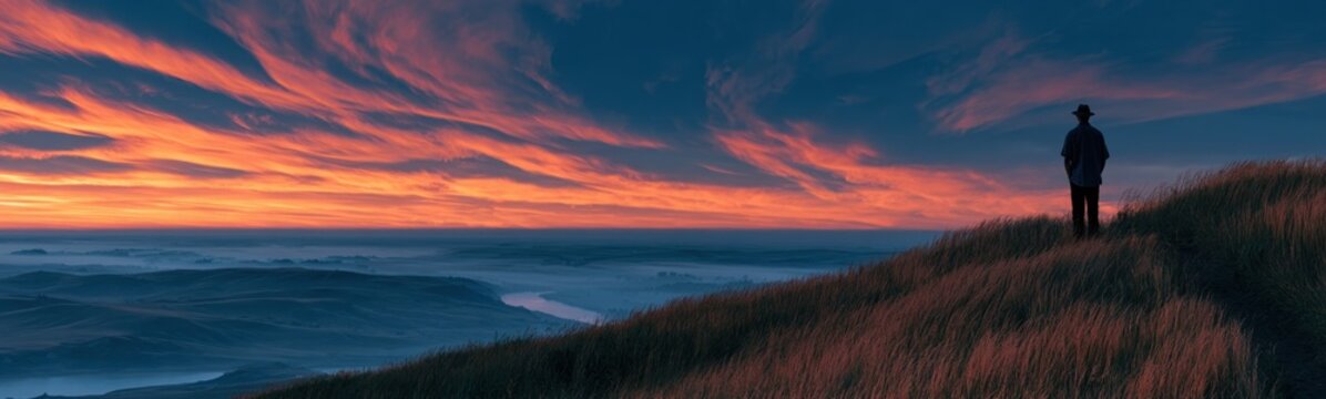 Person standing on a hill overlooking a vast valley at sunset copy space banner