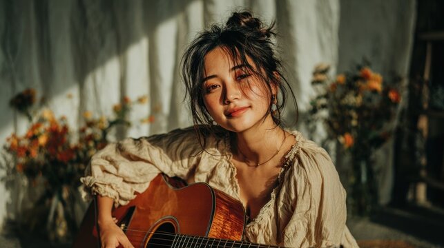 Woman that is holding a guitar in her hand