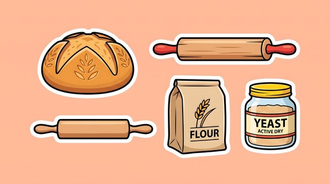 Set of cute vector stickers with baking ingredients and tools like bread flour yeast rolling pin