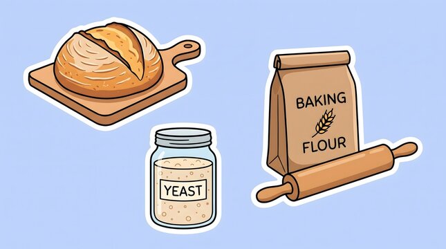 Cute cartoon baking stickers set with bread, flour, yeast, and rolling pin
