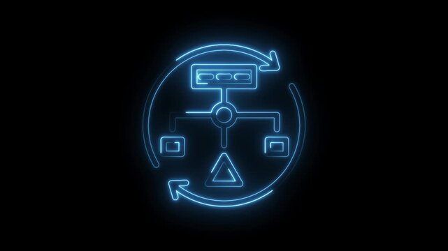 Neon blue flowchart icon with circular arrows representing process flow and data management on
