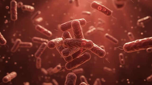 Microscopic rod shaped bacteria floating in a deep red environment