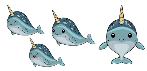 Set of cute narwhal characters, isolated vector illustration of happy arctic whales with spiral horns © Khrystyna Turchyn