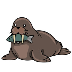 Fototapeta premium Cute cartoon walrus holding a fish in its mouth vector illustration