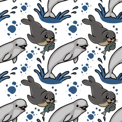 Fototapeta premium Seamless vector pattern with cute cartoon seals and beluga whales jumping in water splashes