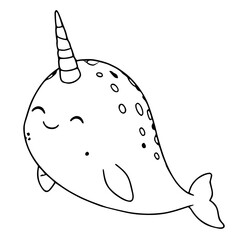 Cute narwhal character vector illustration, isolated black and white outline doodle of a happy arctic sea animal © Khrystyna Turchyn