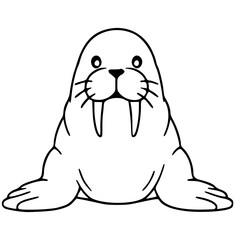 Obraz premium Cute isolated walrus vector illustration, black and white outline coloring page for kids and educational activity book.