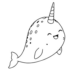 Cute happy narwhal vector illustration, simple black and white outline drawing of a smiling sea animal with a horn for coloring book page © Khrystyna Turchyn