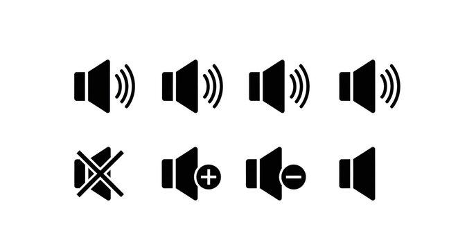 Audio and Sound Control solid icon set containing icons for Volume Up Volume Down Mute Increase Decrease Speaker Wave and Silent for multimedia and software applications projects