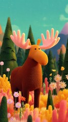 Fototapeta premium Whimsical moose in vibrant forest, ideal for mobile wallpaper.