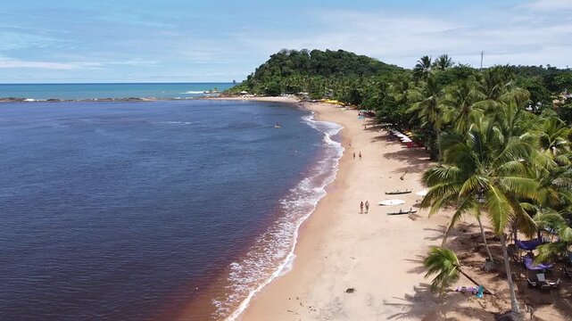 Drone footage aerial view Concha Beach (Praia da Concha), Itacare, Bahia state, Brasil