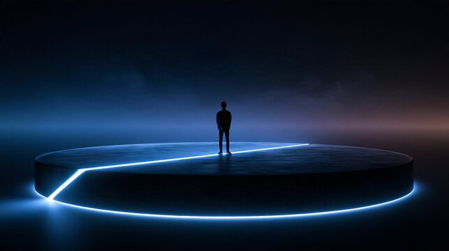 Silhouette of Man Standing on Glowing Futuristic Platform