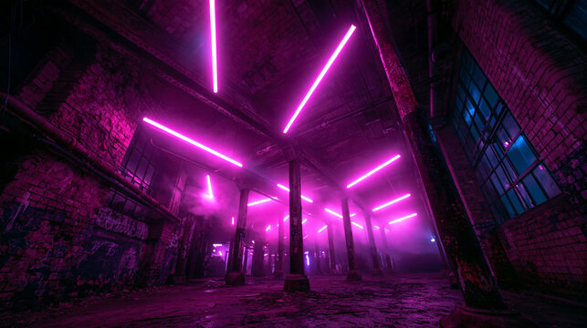 Neon Lights Illuminating Abandoned Industrial Warehouse Interior