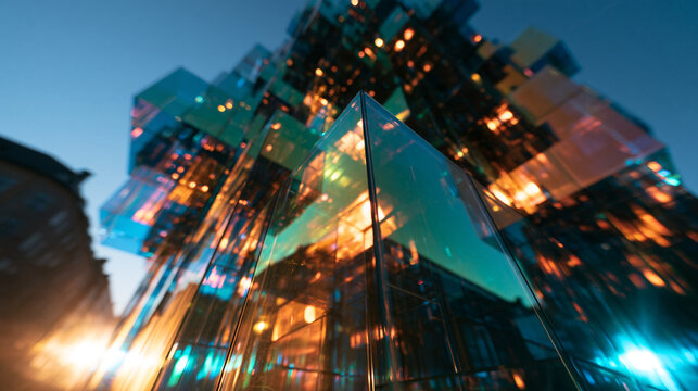 Futuristic Glass Cube Architecture with Glowing Night Illumination