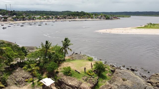 Drone footage aerial view Mirante do Xar&eacute;u (Ponta do Xar&eacute;u), River De Contas, Praia da Coroa, Itacare, Bahia state, Brasil