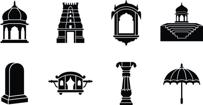Indian Traditional Architecture and Culture Vector Icon Set Featuring Dome Gopuram Window and Palanquin