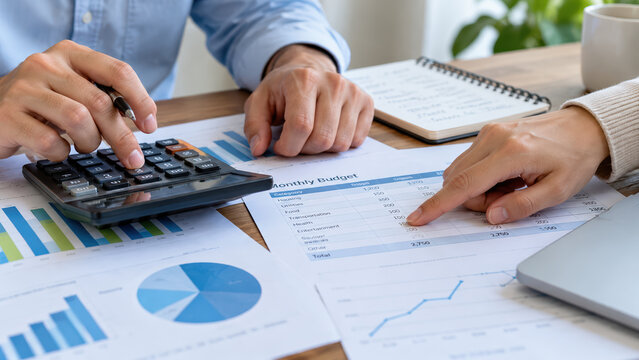 Financial planning and budget analysis professionals using a calculator and reviewing monthly budget reports with financial charts and graphs for business accounting investment strategy and tax