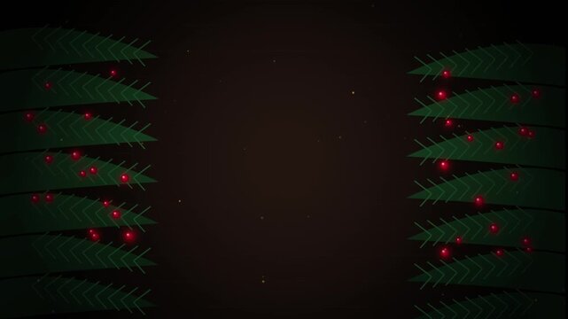 Festive christmas pine branch border with glowing red berries and floating particles, holiday background animation