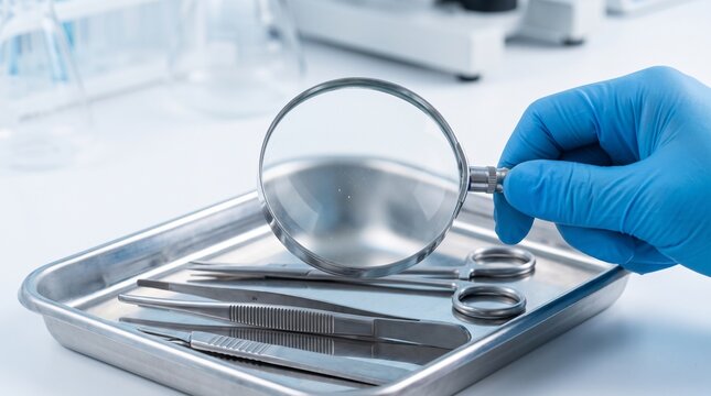 Scientist Examining Medical Surgical Tools With Magnifying Glass in Laboratory Environment