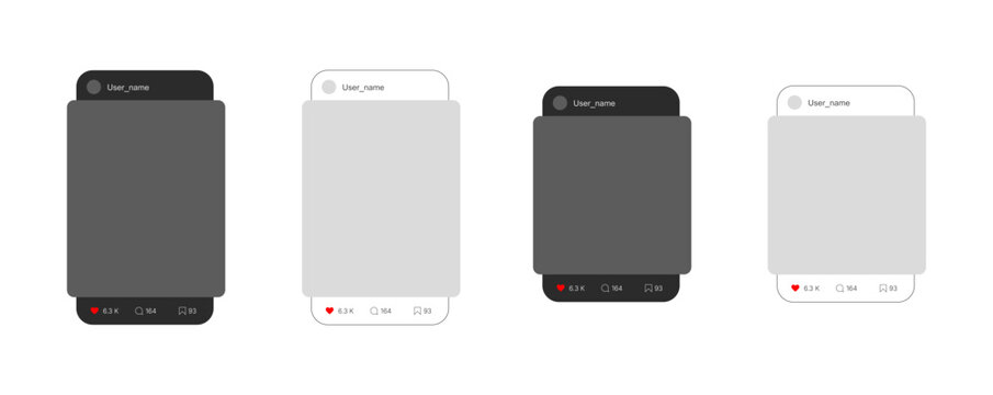 Social media post mockup vector icon set. Dark and light mode photo frame UI elements with user profile, like counter, and comment symbols.