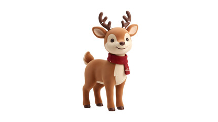 Obraz premium A cute cartoon reindeer figurine wearing a red winter scarf isolated on a white background for Christmas and holiday design projects