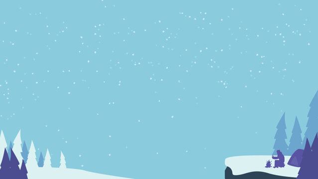 Winter Snow Scene with Campfire and Pine Trees Flat Design
