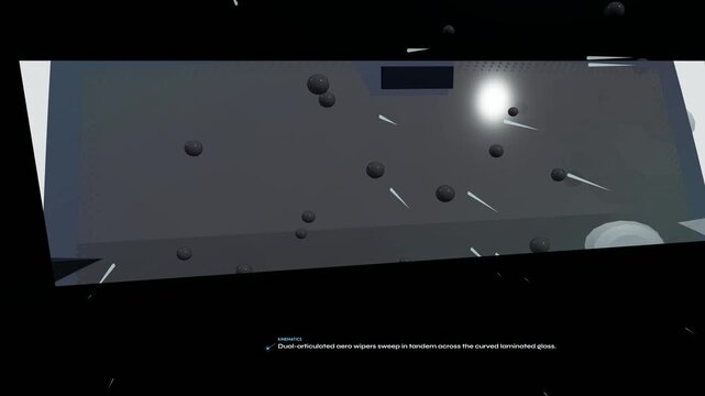 3D animation explaining the physics and mechanics of a superhydrophobic windshield wiper using silica-polymer nanoparticles to repel water and maintain optical clarity