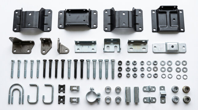 Assorted metal hardware fasteners and brackets arranged on white background