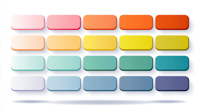 Clean collection of rounded rectangular color swatches arranged in four harmonious rows warm pinks, vibrant oranges and yellows, fresh teals and greens, cool blues and purples. 
